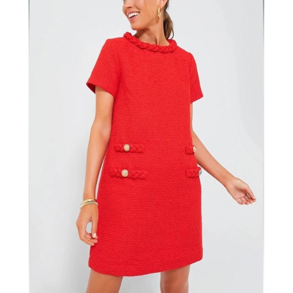 Tuckernuck Jackie Dress Red
Tweed Mini Shift Braided Trim
Work Size Large